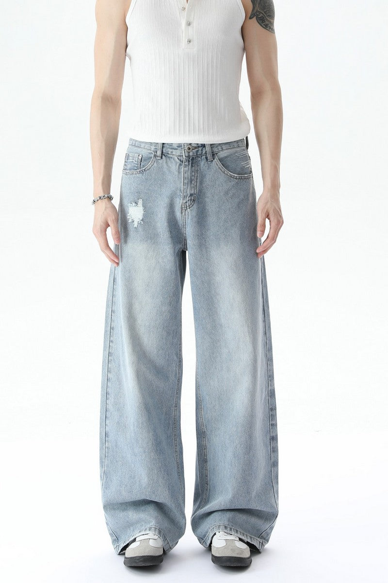 Washed Distressed Straight Leg Jeans