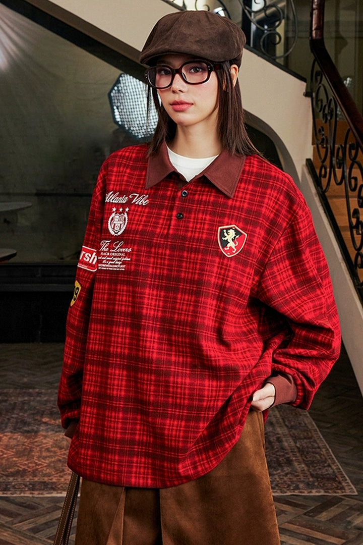 Brushed Plaid Embroidered Polo Shirt