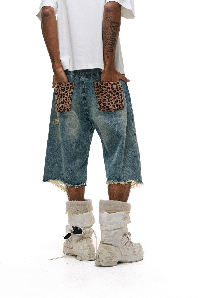 Leopard Patchwork Denim Shorts