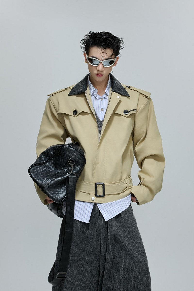 Woven Leather Cropped Trench Jacket