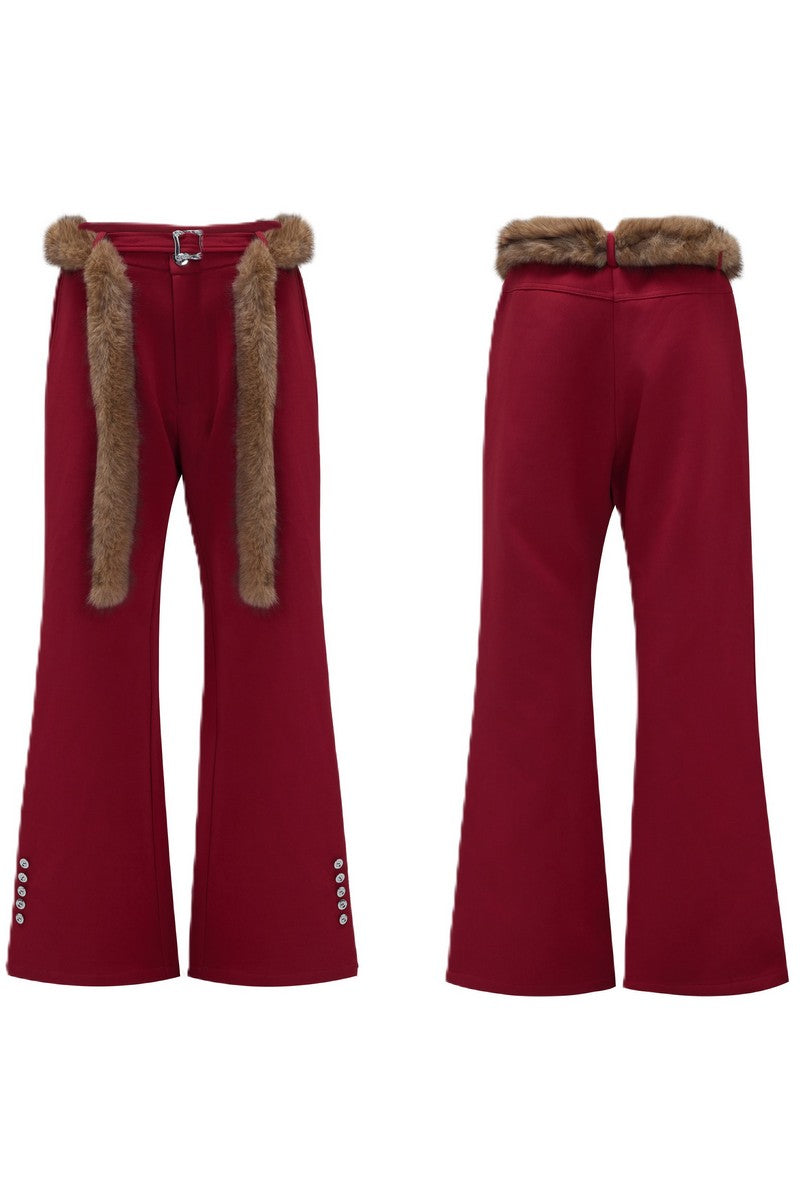 Flared Tailored Pants with Fur Belt