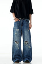 Blue Ripped Wide Jeans