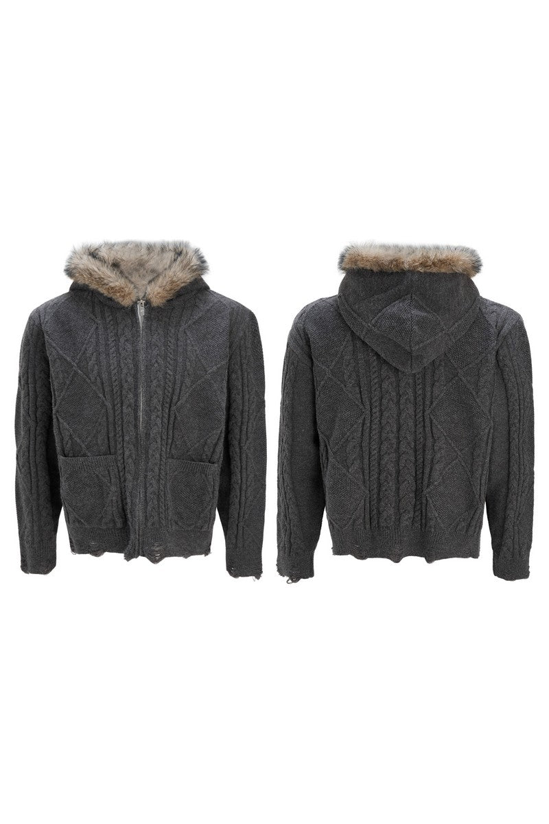 Faux Fur Knit Zip-Up Hoodie