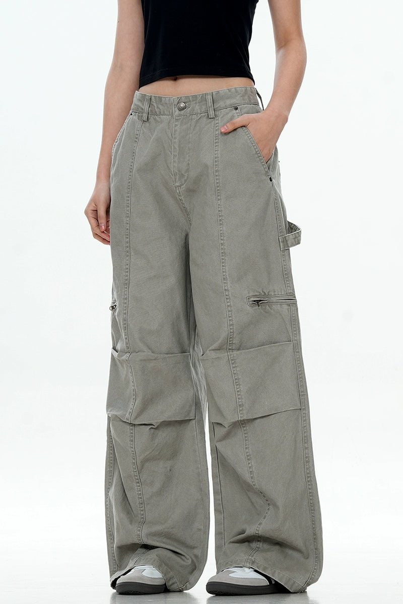 Washed Patchwork Straight Cargo Pants
