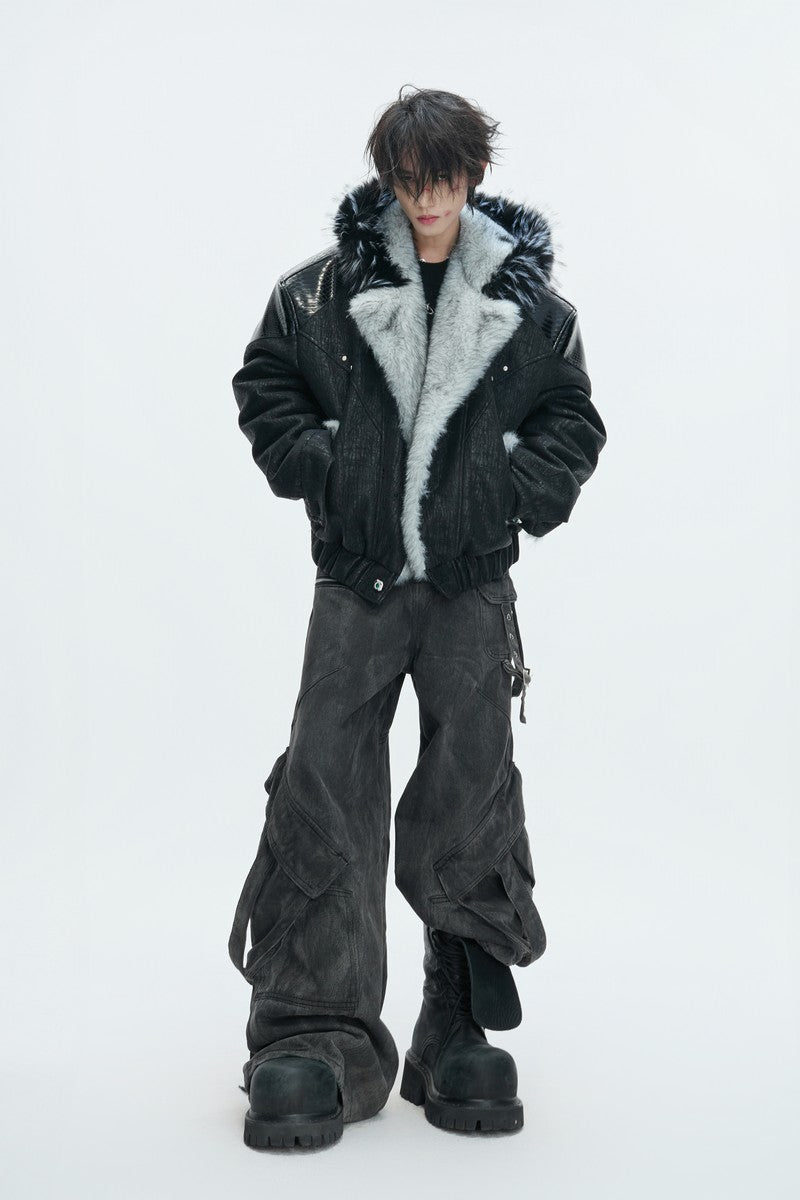 Marble Faux Wolf Fur Puffer Jacket