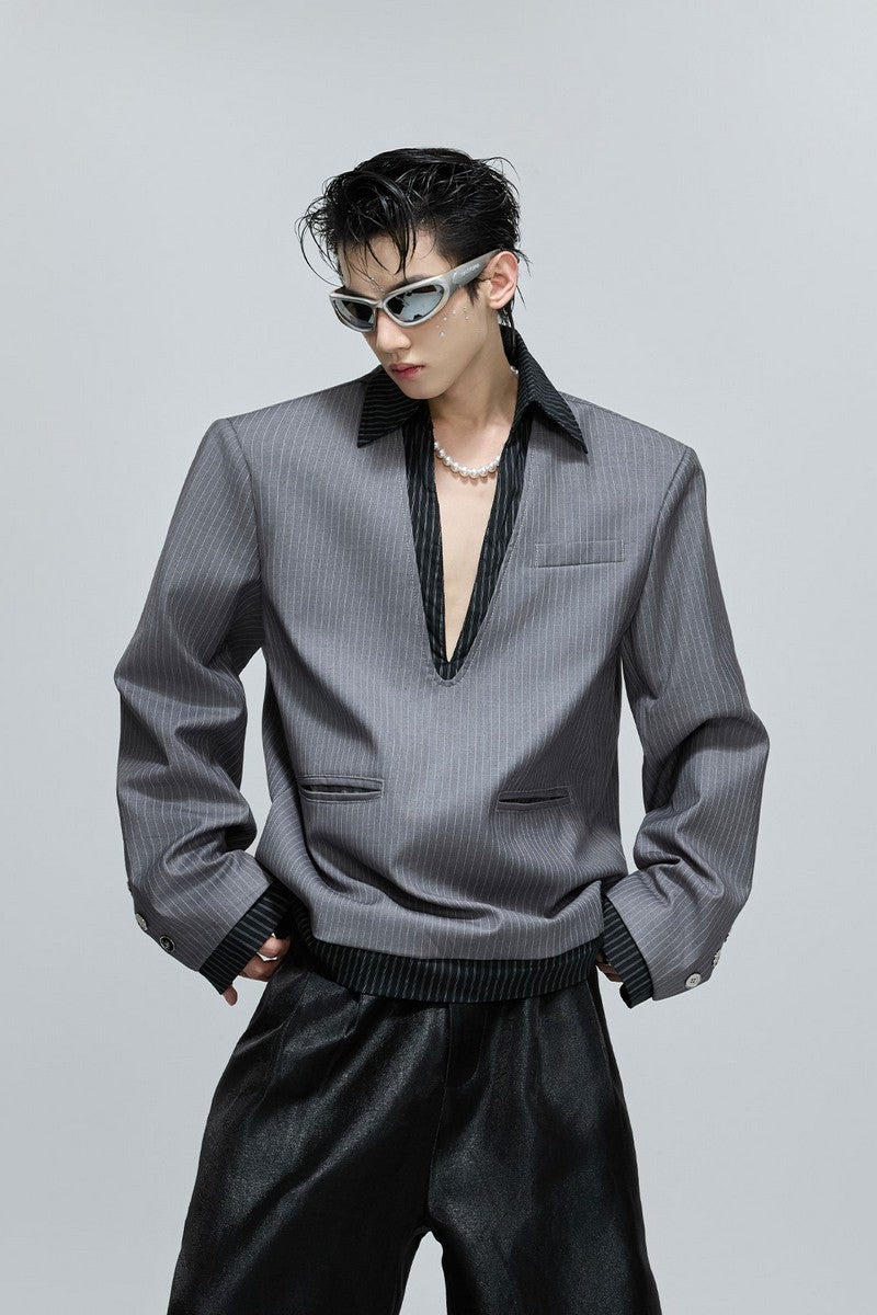 Striped V-Neck Padded Blazer