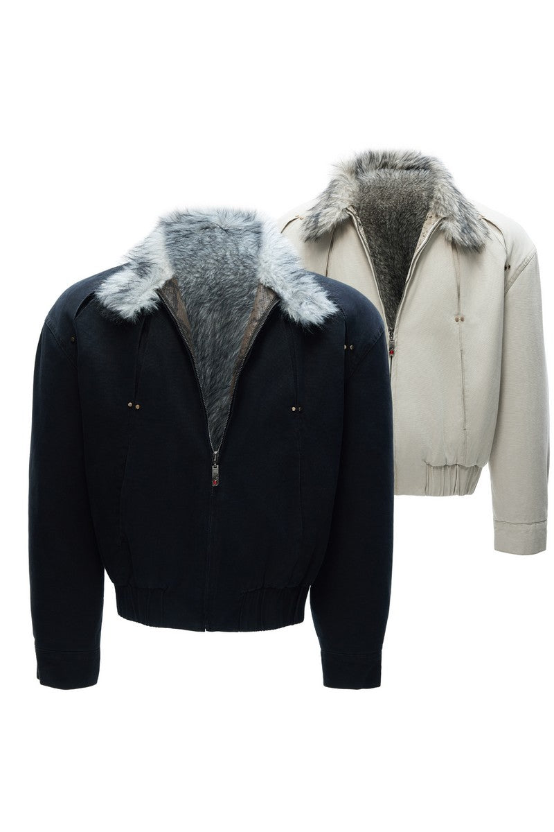 Washed Canvas Faux Wolf Fur Puffer