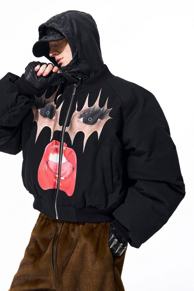 Lips Print Padded Bomber