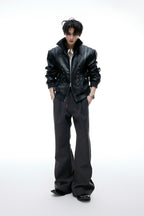 Embroidered Deconstructed Cropped Leather Jacket