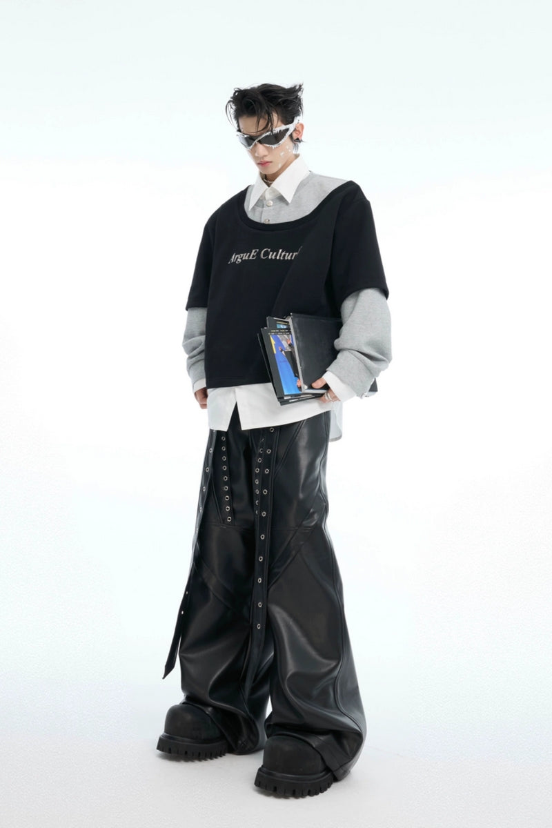 Deconstructed Studded Wide-Leg Leather Pants