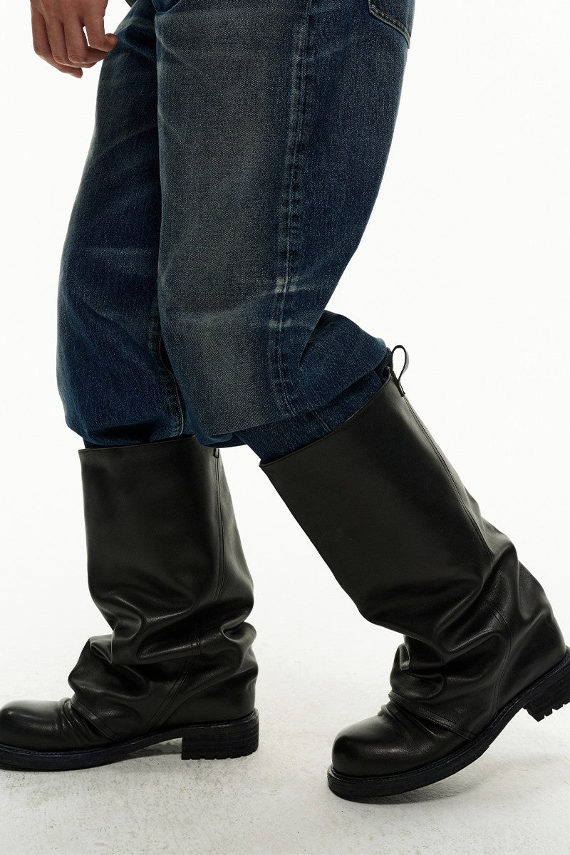 Wrinkled Leather Tube Boots