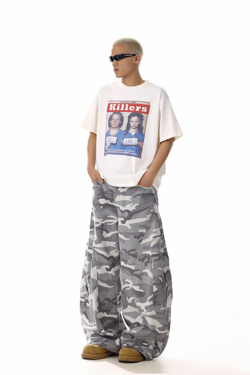 Grey Camo Wide Cargo Pants