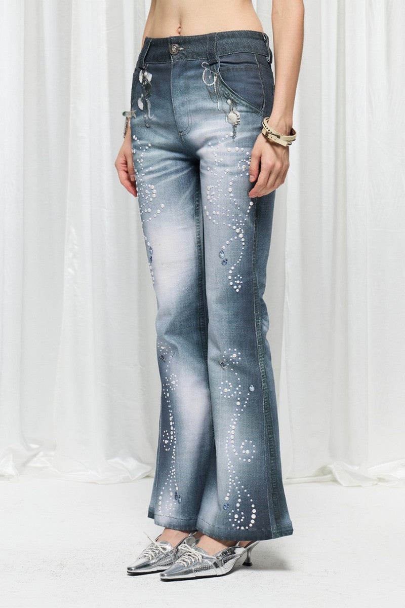 Pearl Ocean Print Flared Jeans