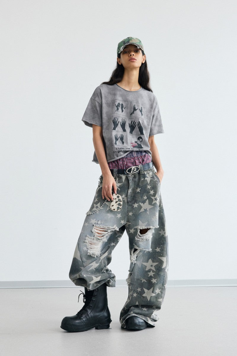 Star Distressed Wide Jeans