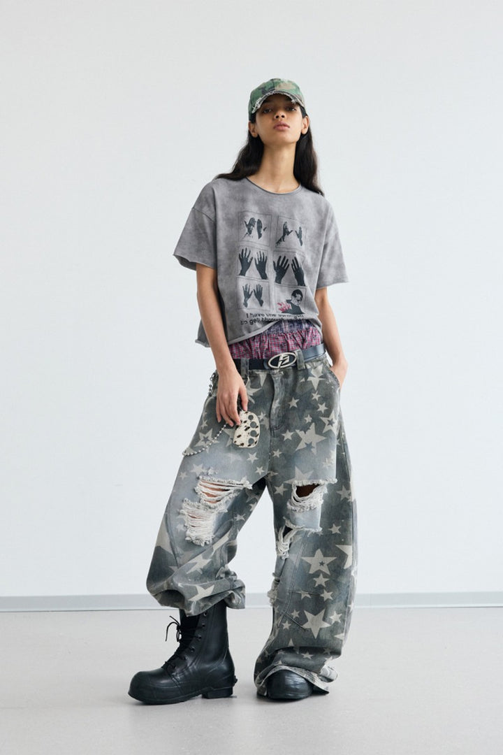 Star Distressed Wide Jeans