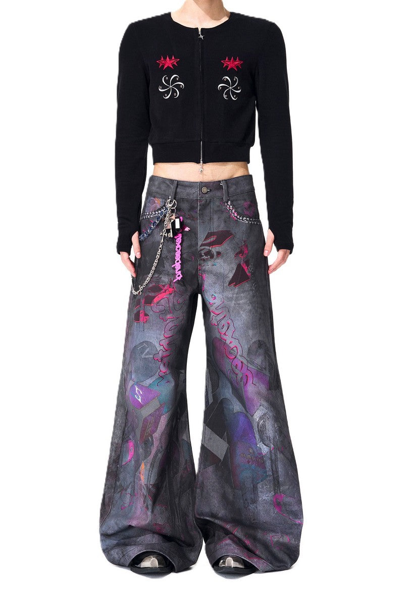 Mic Print Dirty Wash Jeans