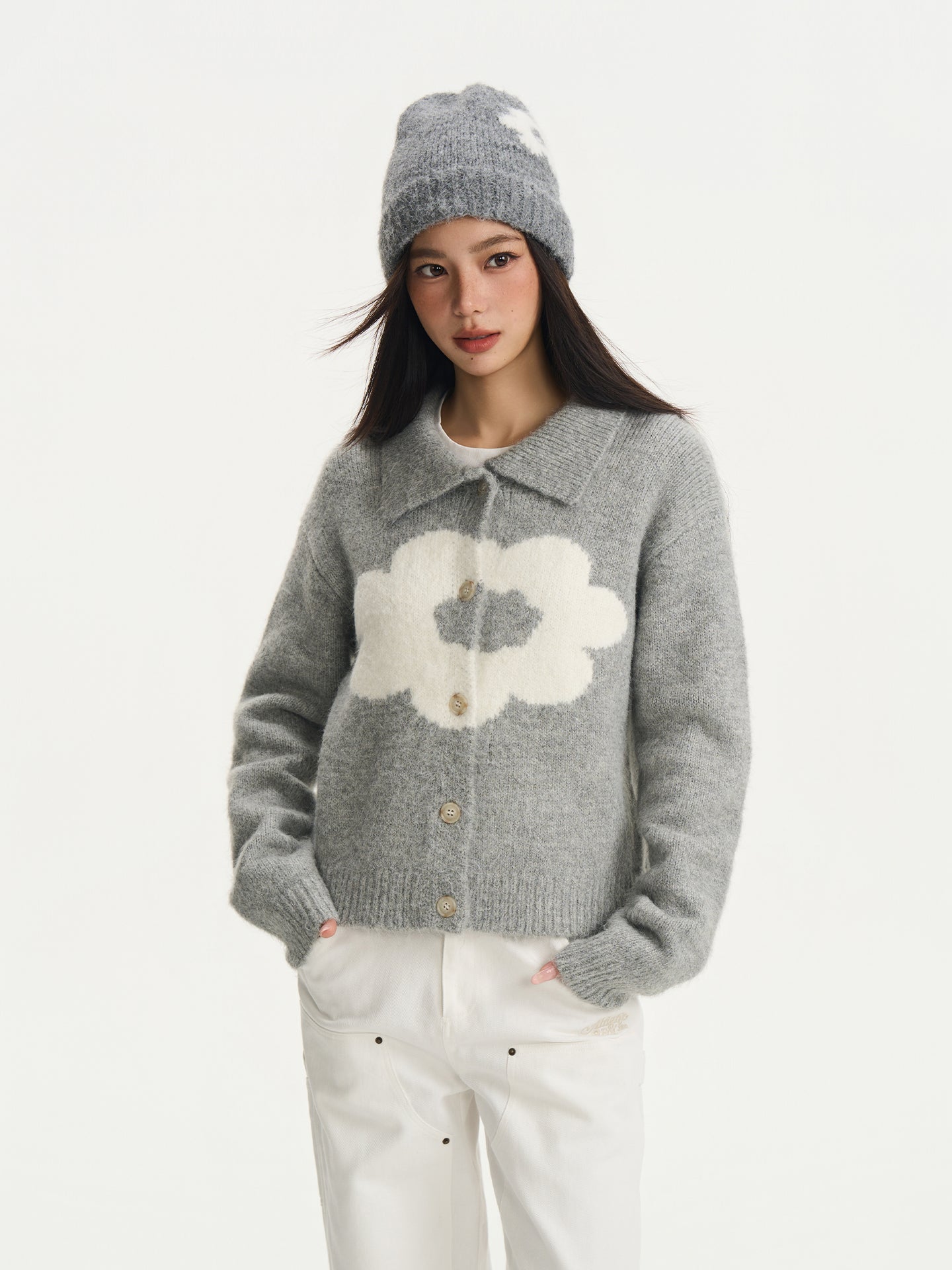 Floral Knit Polo Cardigan
