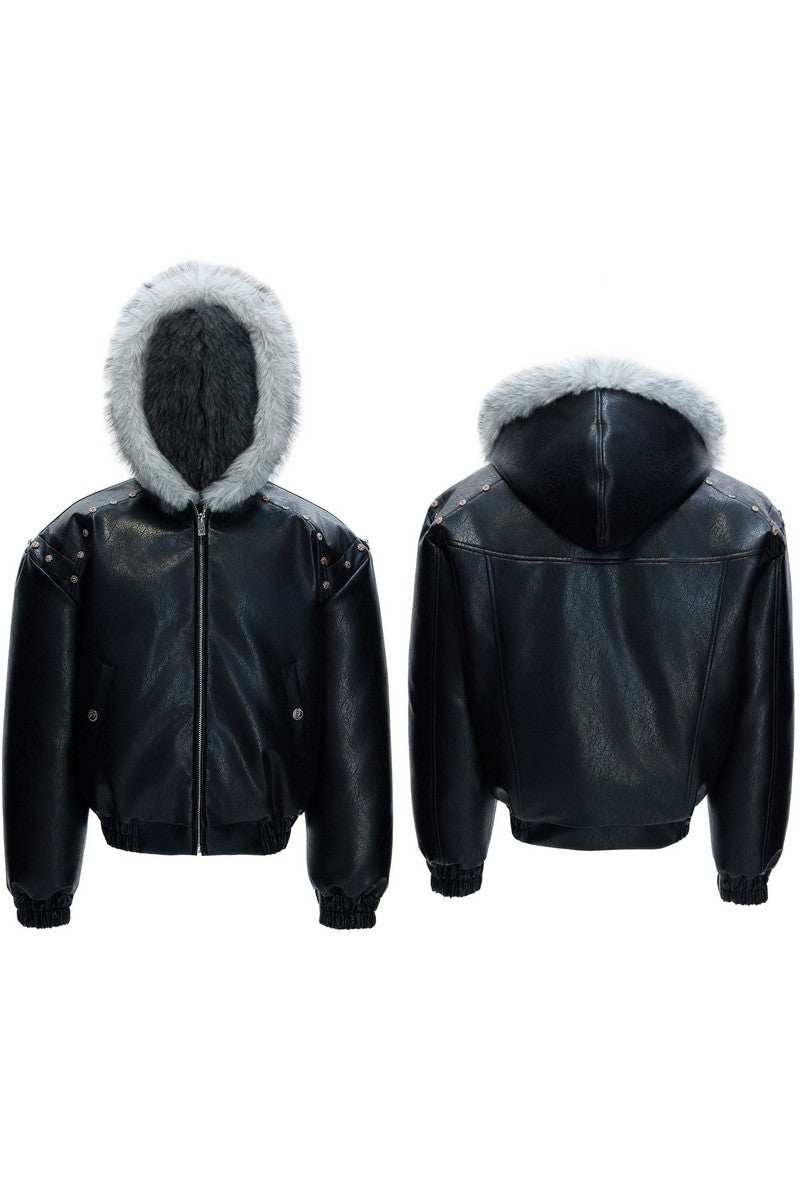 Hooded Leather Puffer Jacket