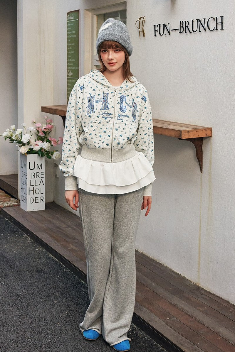 Floral Embroidery Zip Up Hoodie