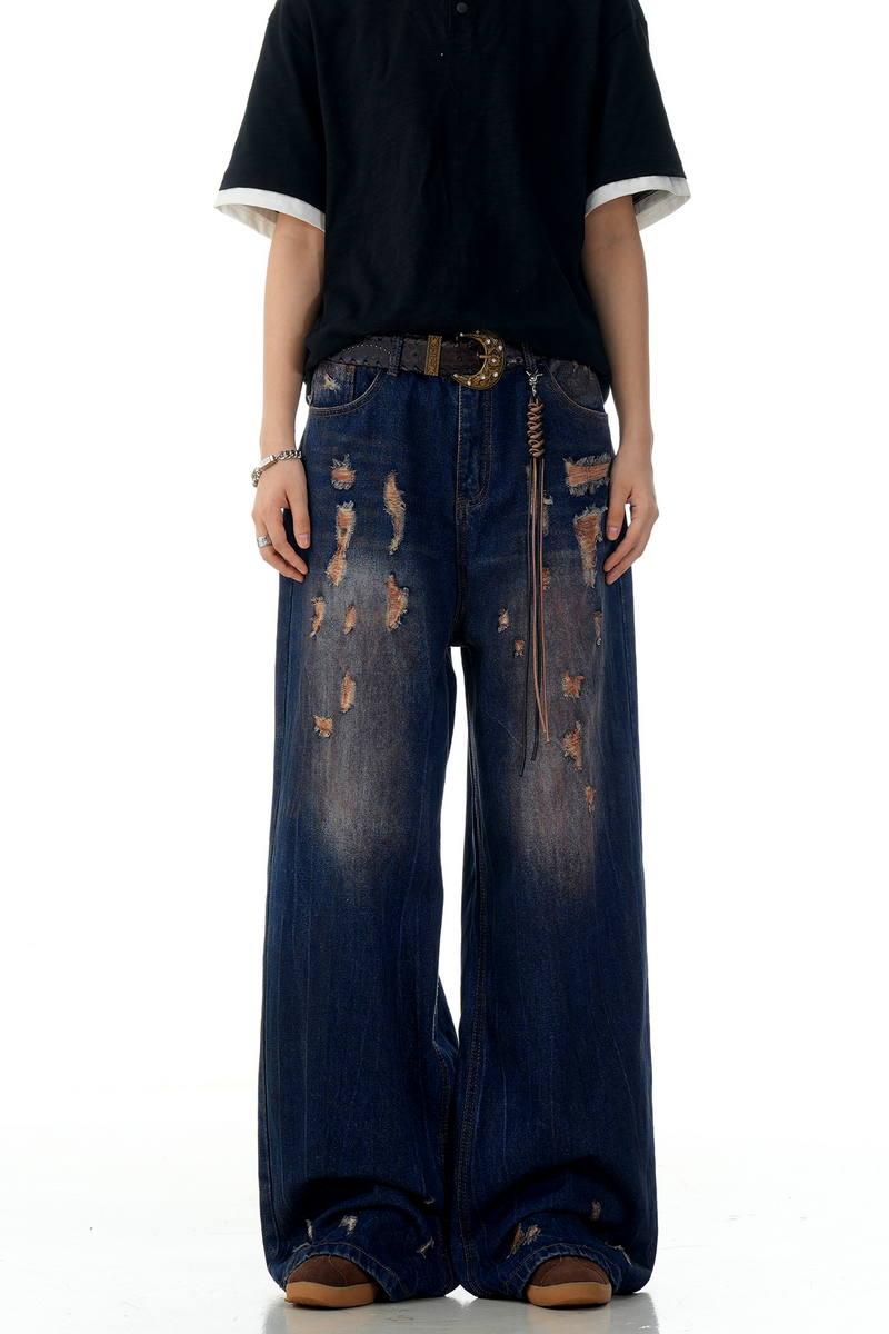 Blue Distressed Wide Jeans