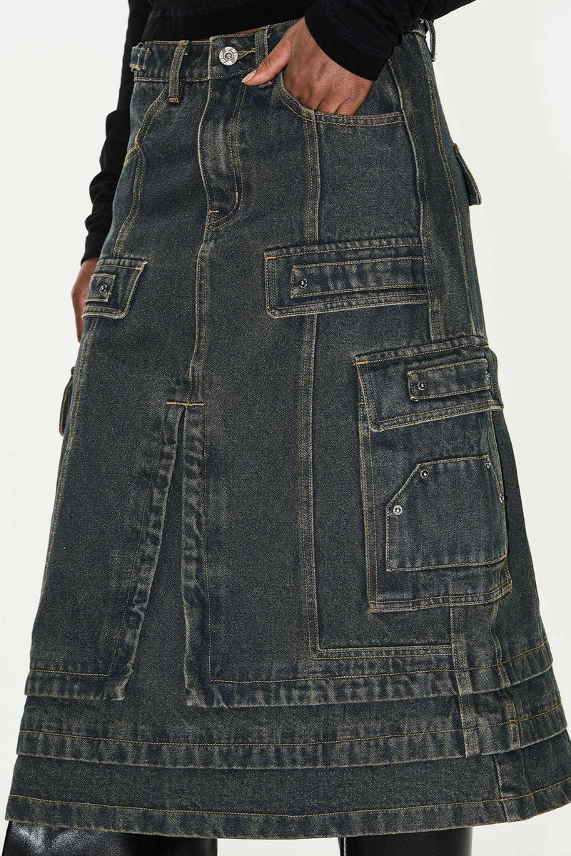 Metal Patch Distressed Denim Cargo Skirt