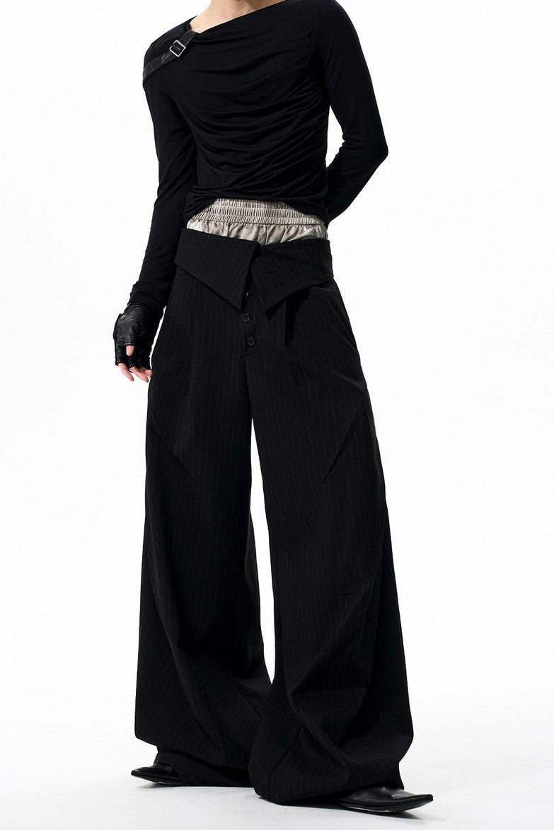 Foldable Waist Pinstripe Wide Pants