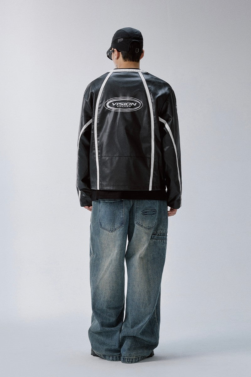 Embroidered Vintage Stripe Biker Jacket