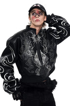 Embroidered Cropped Leather Jacket