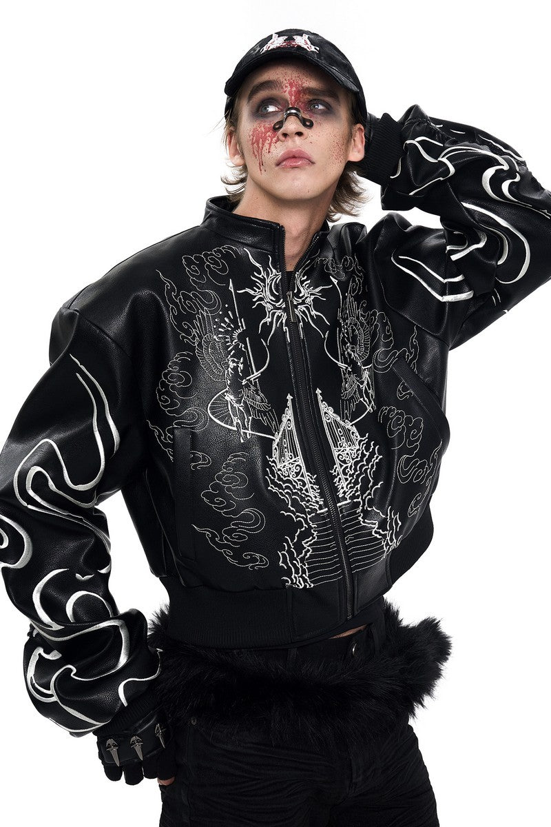 Embroidered Cropped Leather Jacket