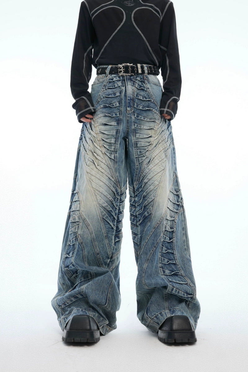 Ruched Wide-Leg Washed Denim Jeans