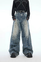 Ruched Wide-Leg Washed Denim Jeans