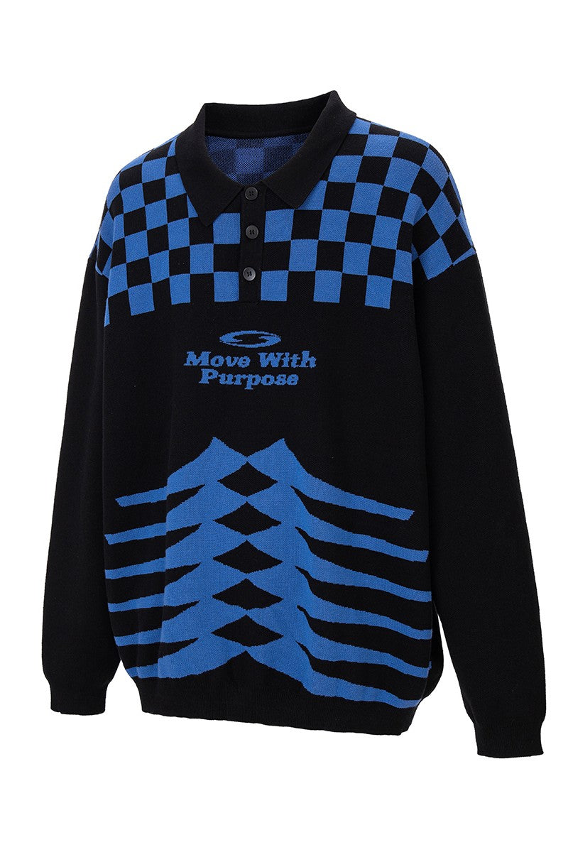 Checkerboard Patchwork Polo Knit Sweater