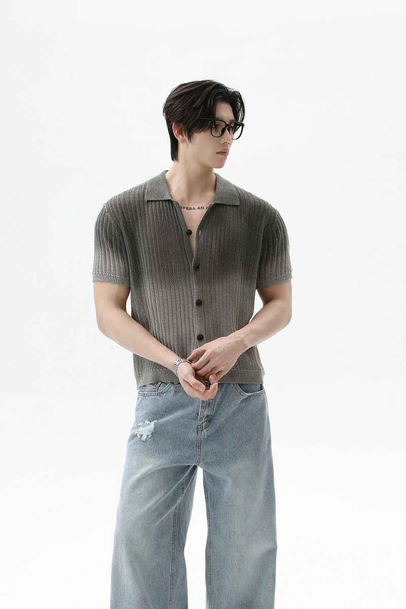 Ombre Wool Knit Polo Cardigan