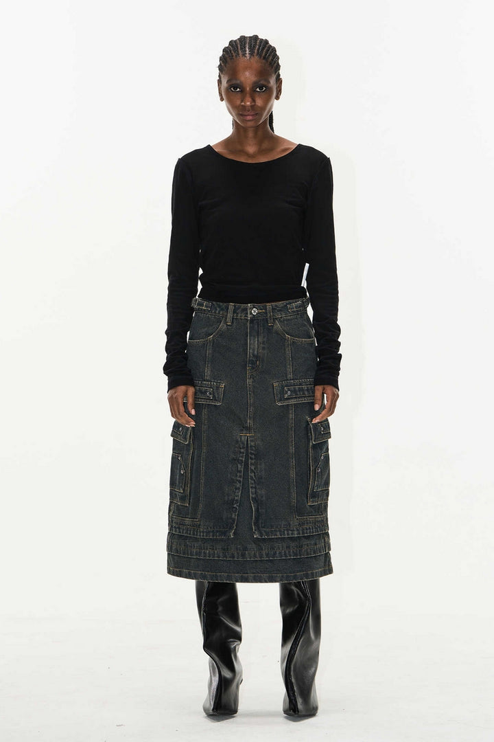 Metal Patch Distressed Denim Cargo Skirt