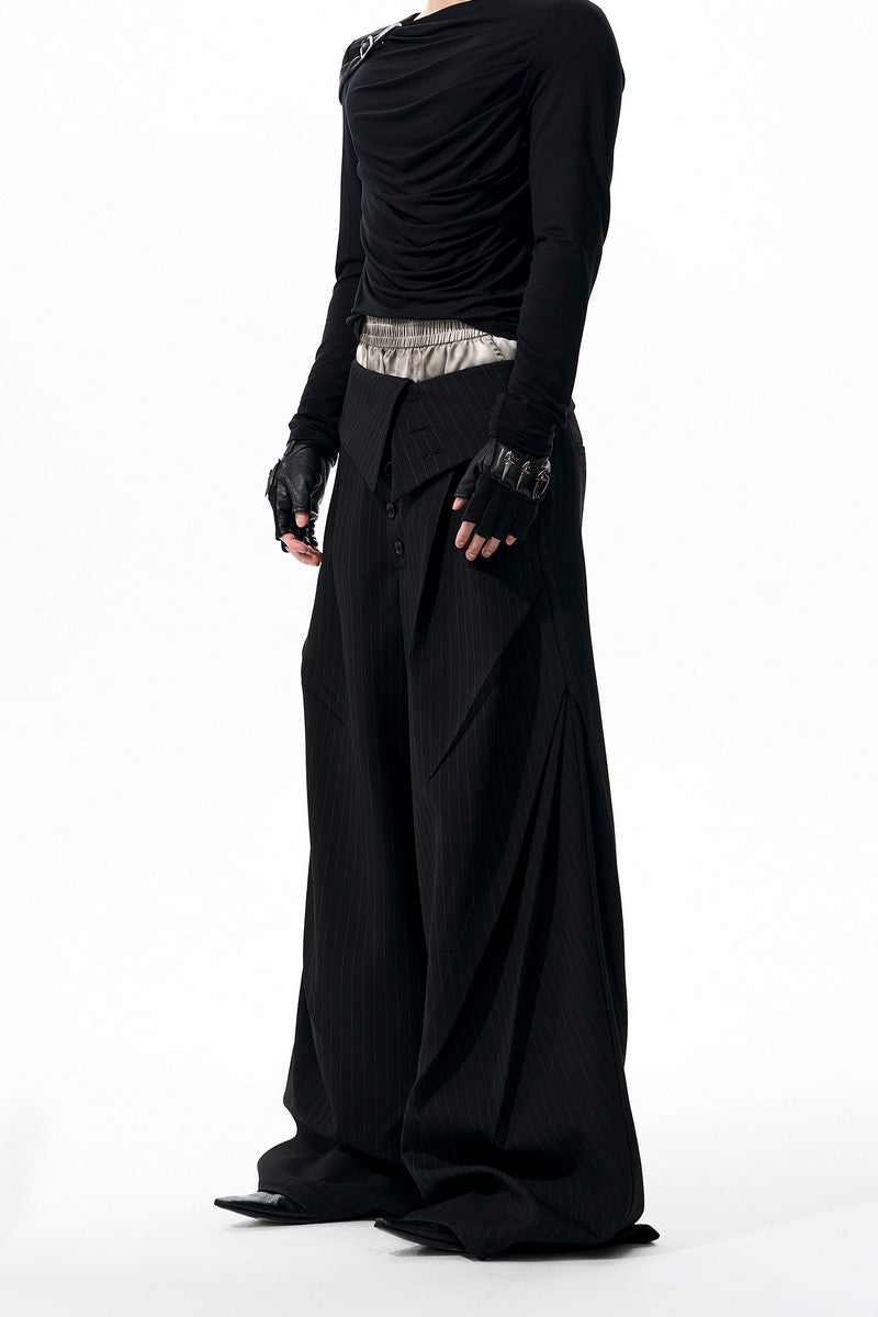 Foldable Waist Pinstripe Wide Pants