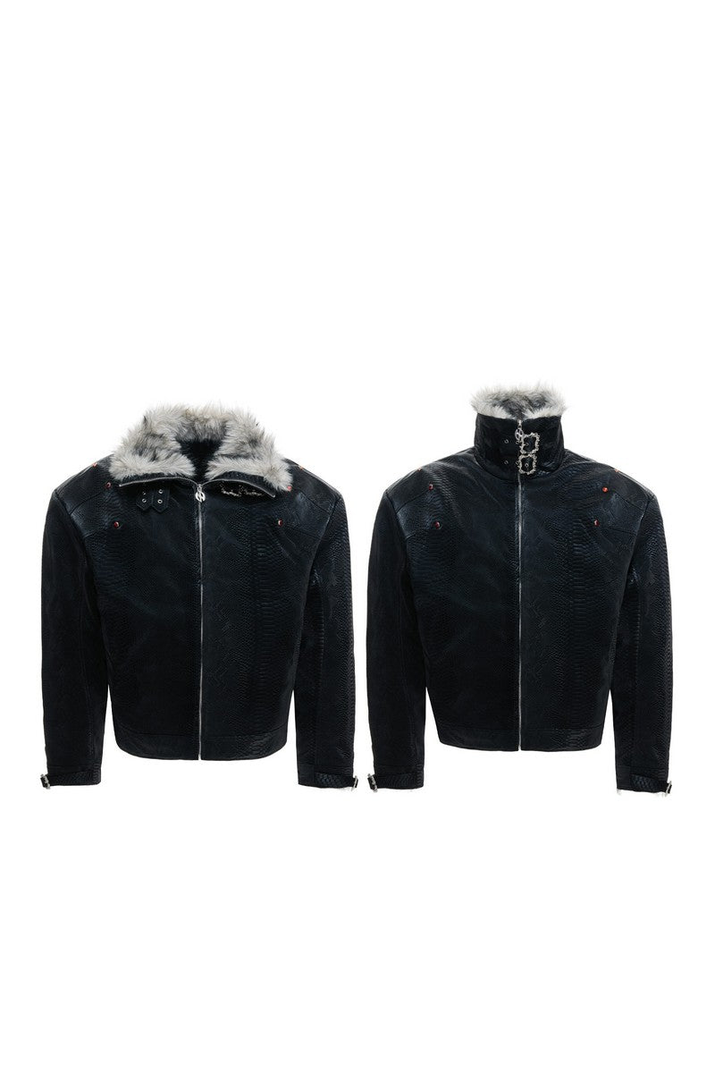Snake Print Puffer Leather Jacket