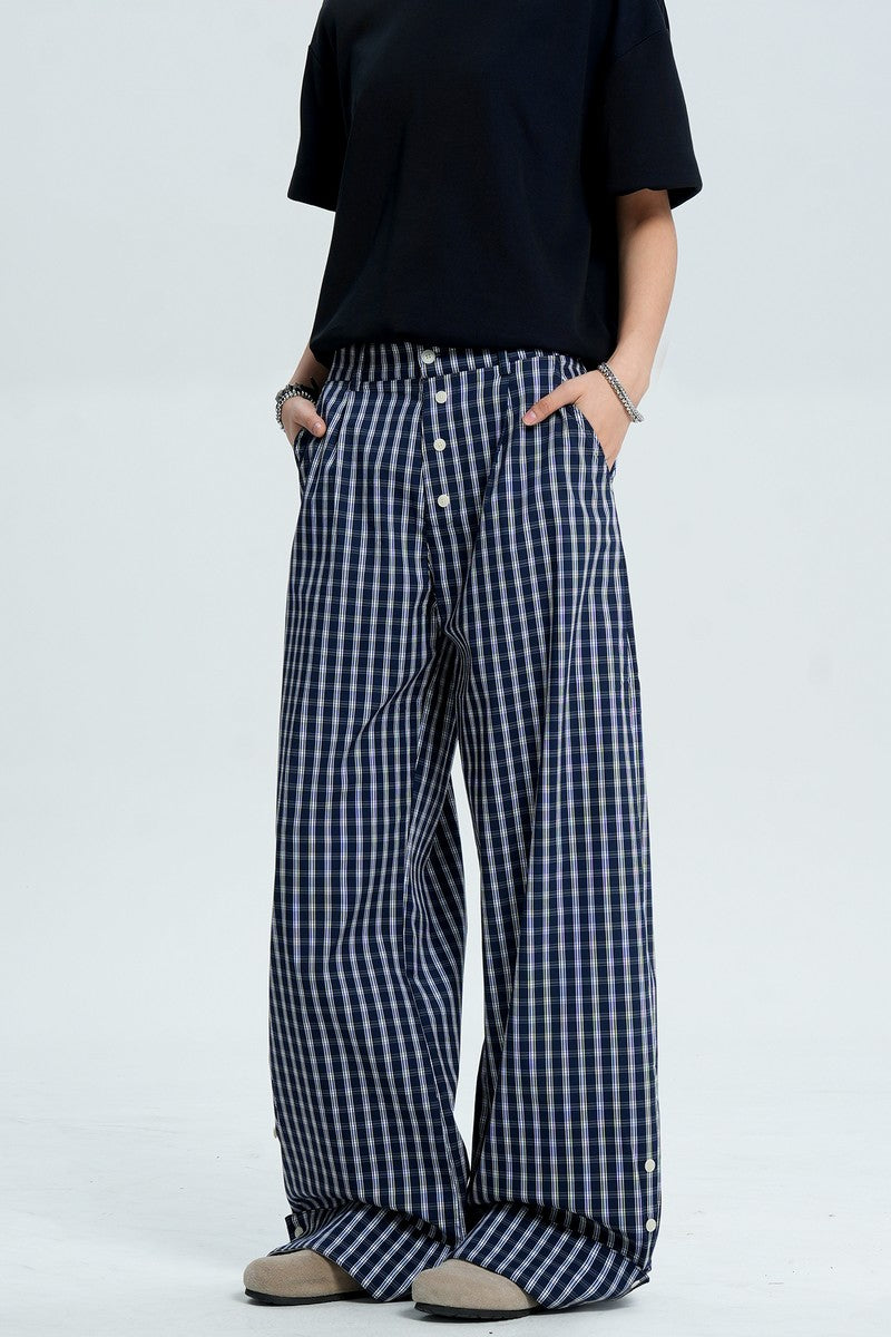 Plaid Button Wide Leg Pants