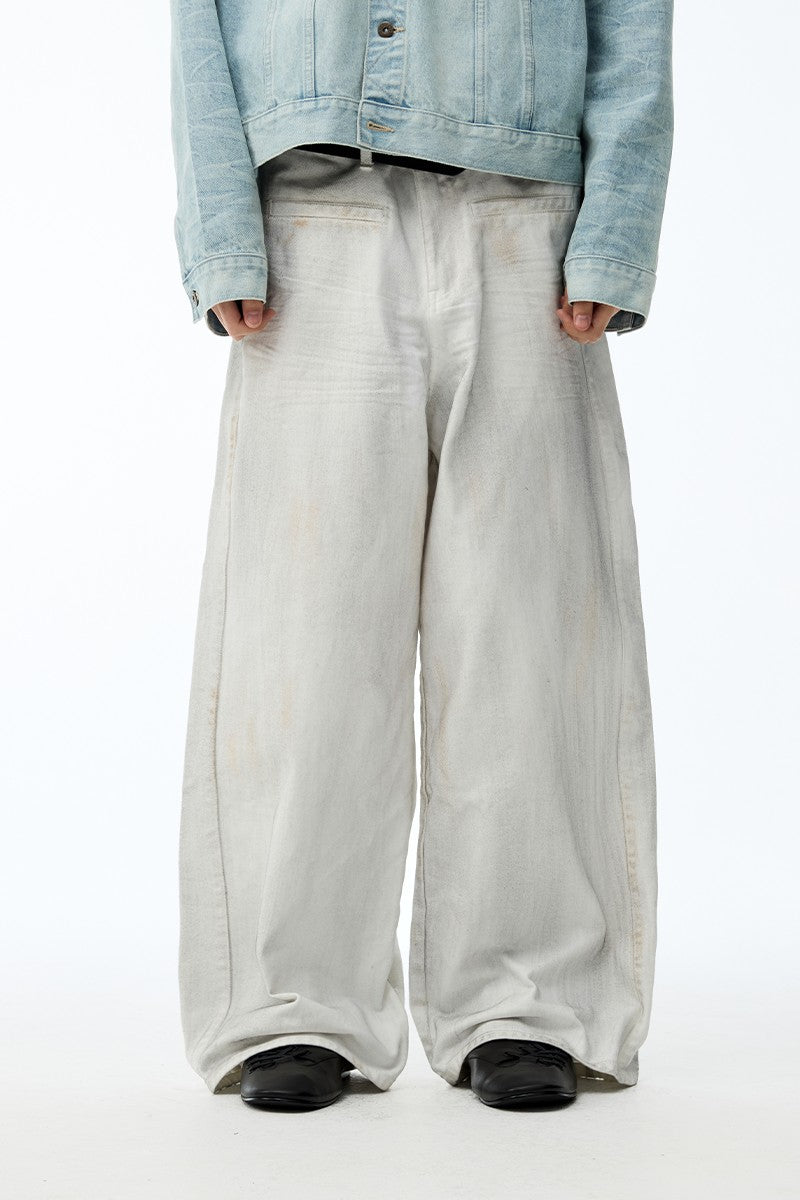 Dirty Wash Pleated White Jeans