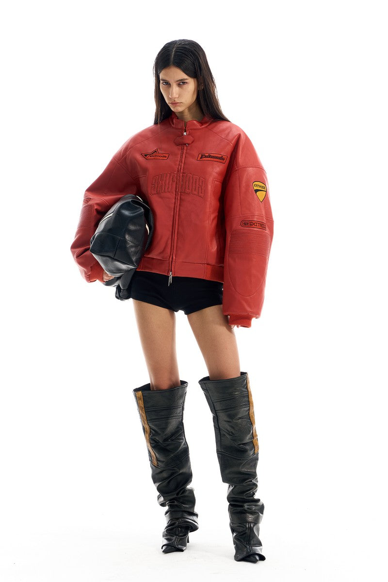 Embroidered Biker Faux Leather Jacket