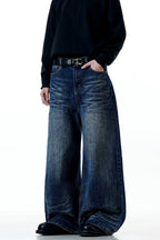 Whiskered Washed Wide-Leg Jeans