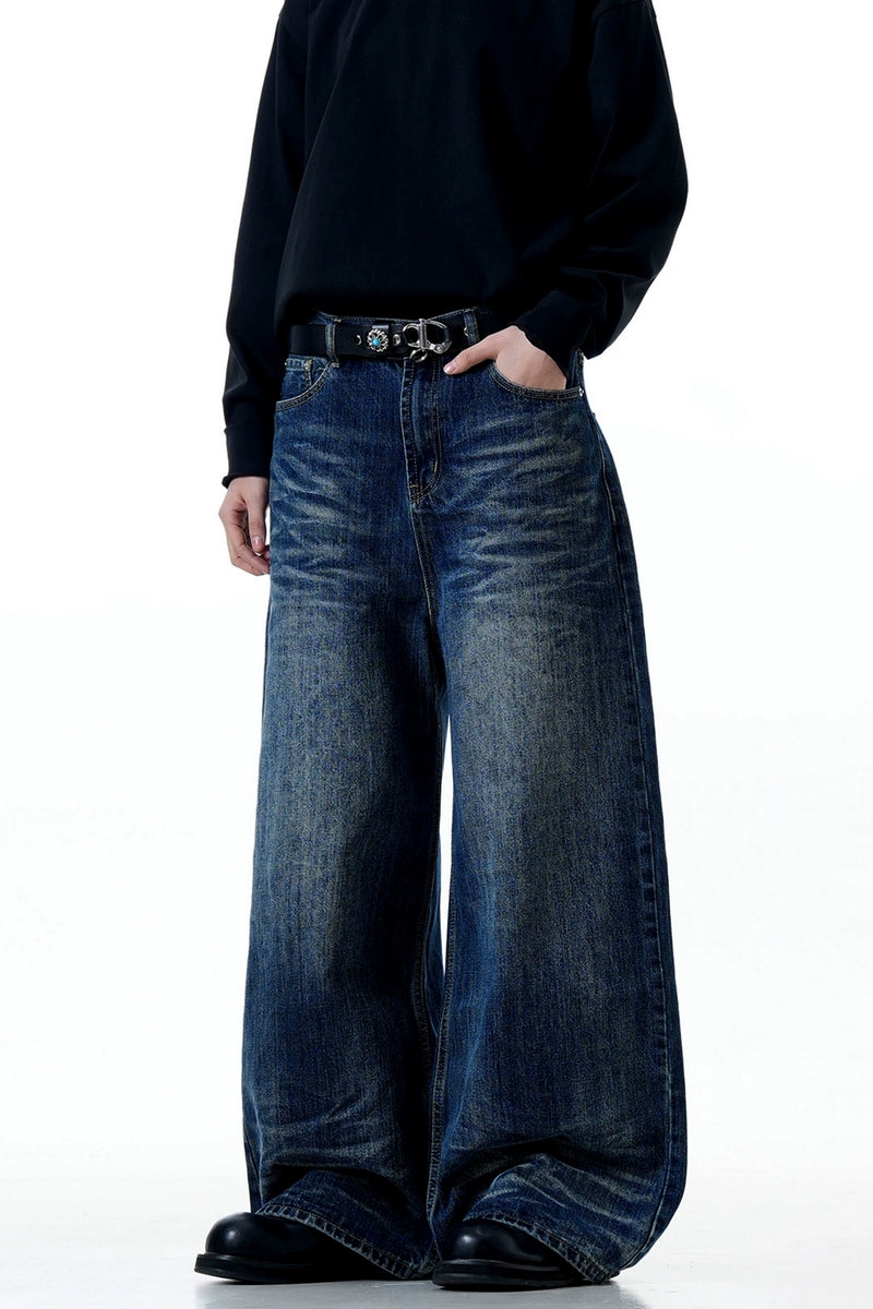 Whiskered Washed Wide-Leg Jeans