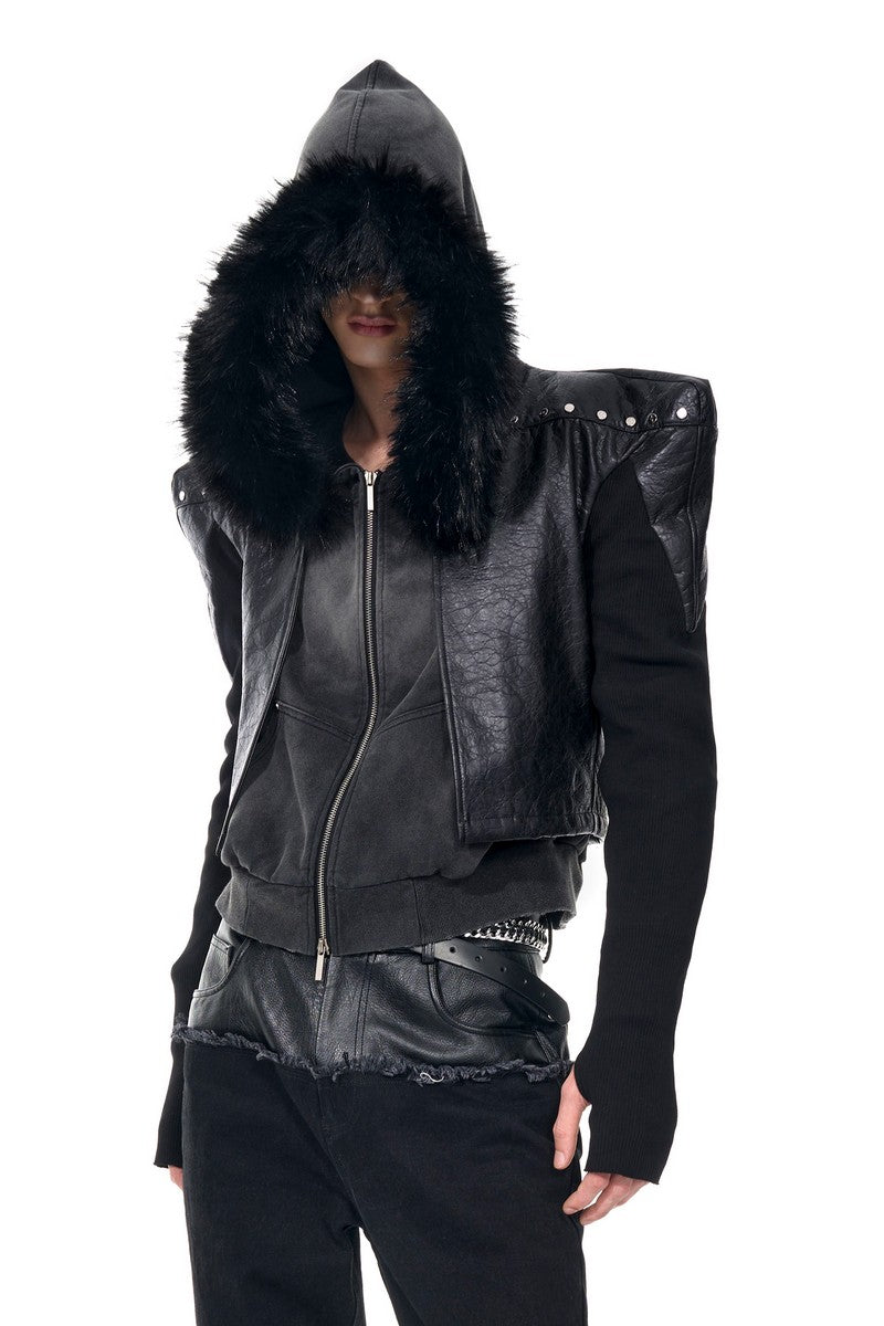 Knitted Panel Collarless Leather Jacket