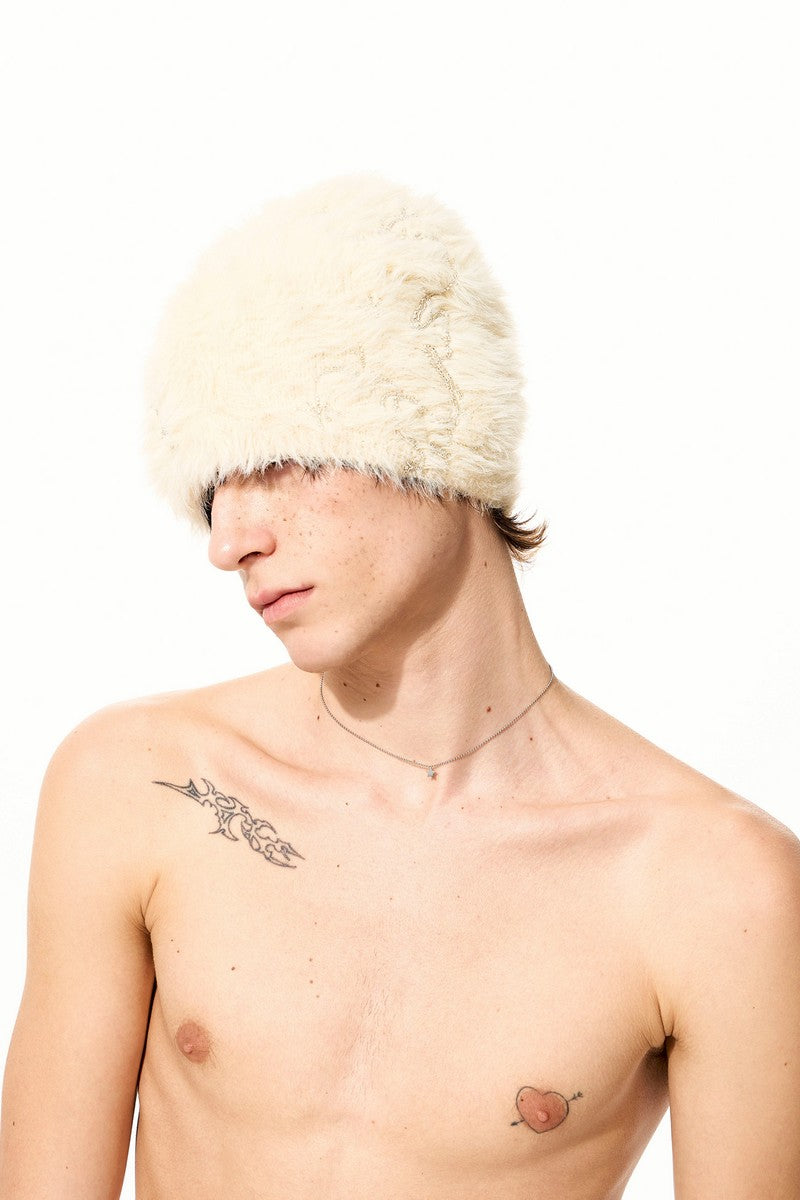 Embroidered Faux Mink Knit Beanie