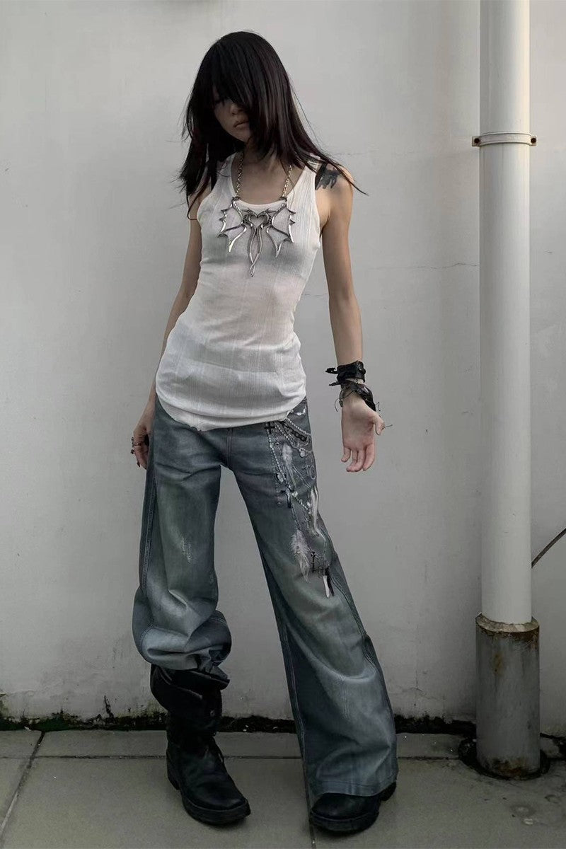 3D Pearl Chain Flared Jeans