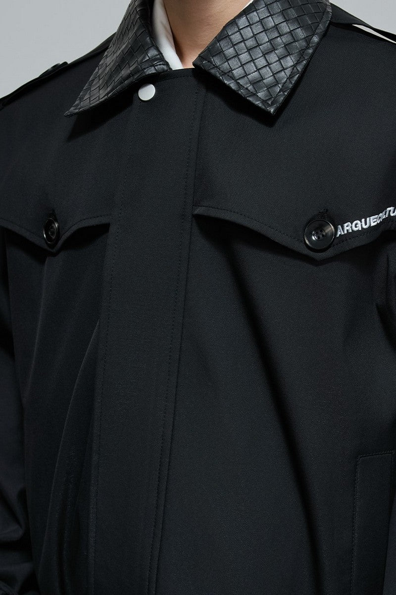 Woven Leather Cropped Trench Jacket