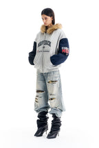 Colorblock Fleece Collar Print Jacket