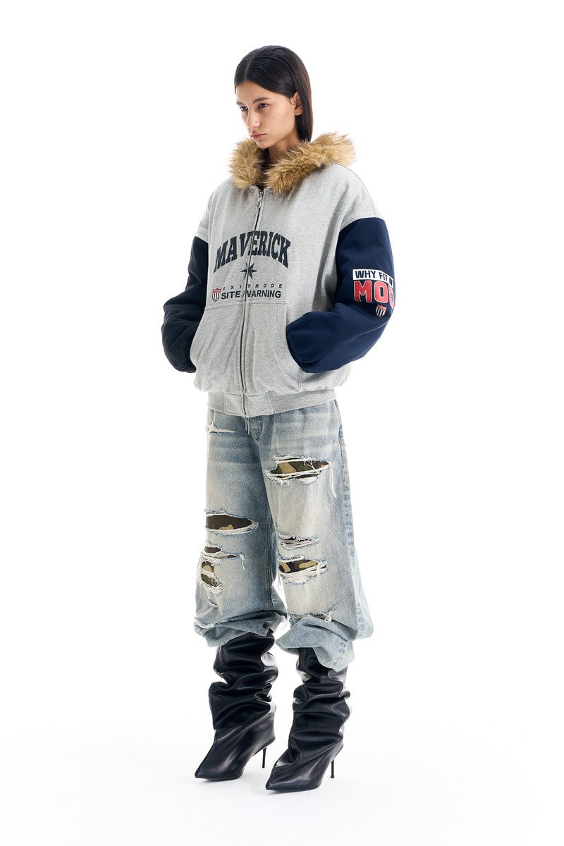 Colorblock Fleece Collar Print Jacket