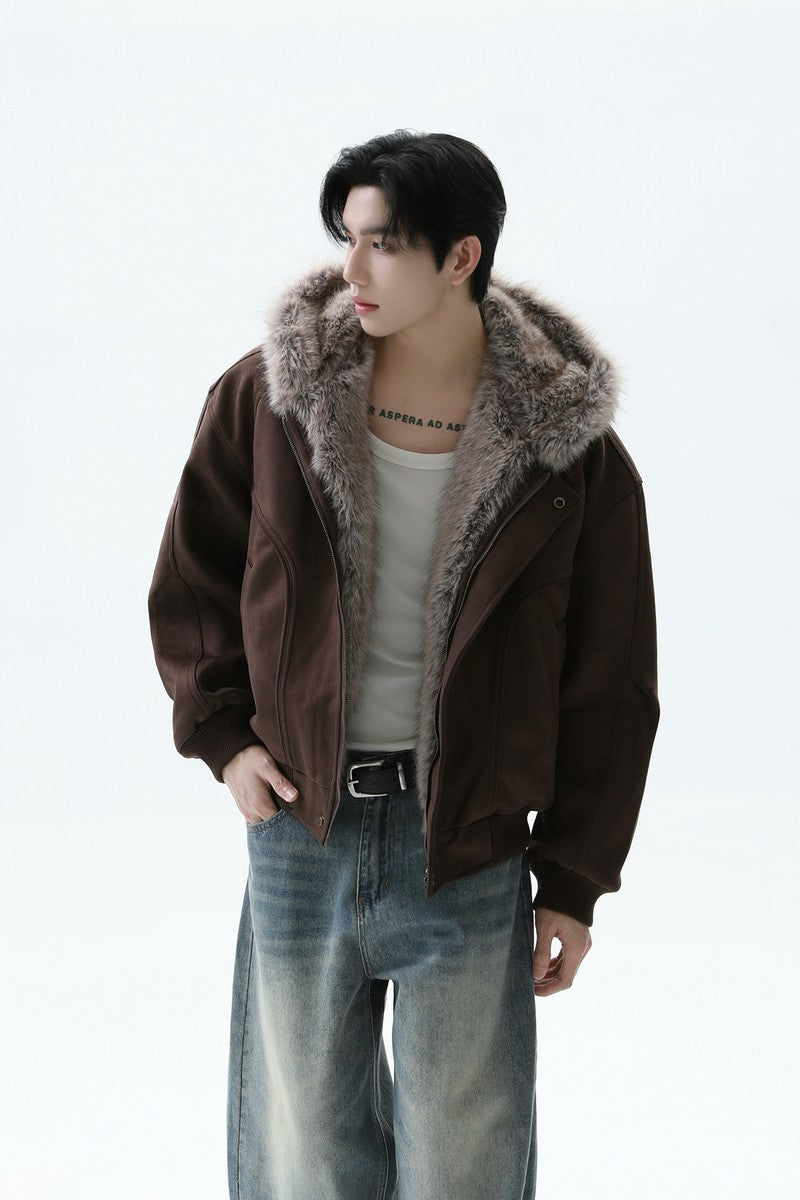 Fur Collar Hooded Bomber Jacket
