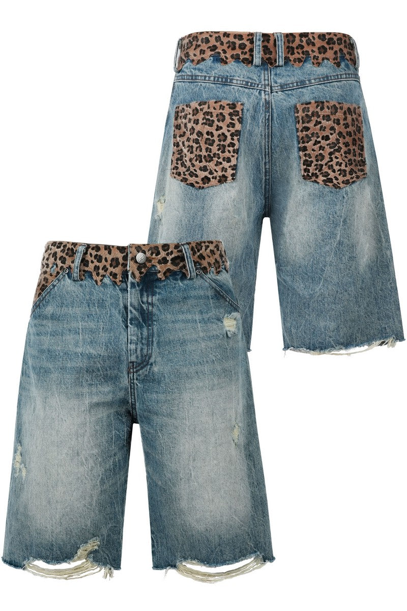 Leopard Patchwork Denim Shorts