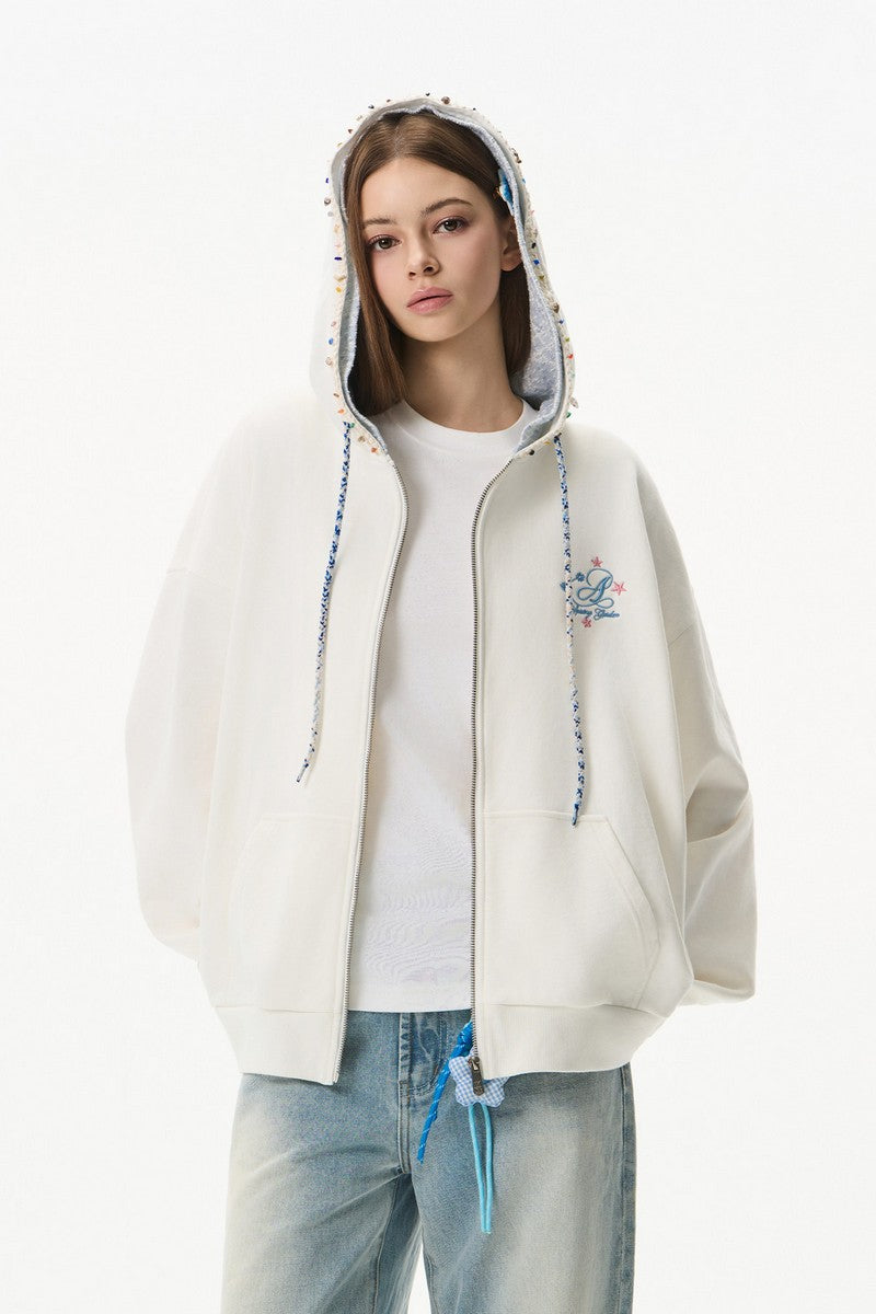 Double Hood Embroidered Zip Hoodie